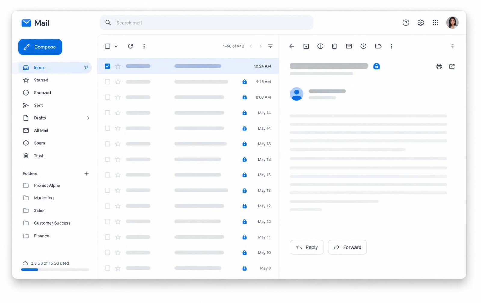 TwistyMail inbox with encrypted message list and reading pane